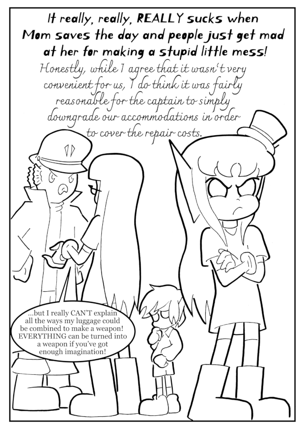 Another instance where the use of different fonts for different characters REALLY helps me out of some layout nightmares.  This page would be a LOT messier of everybody had speech bubbles to worry about.